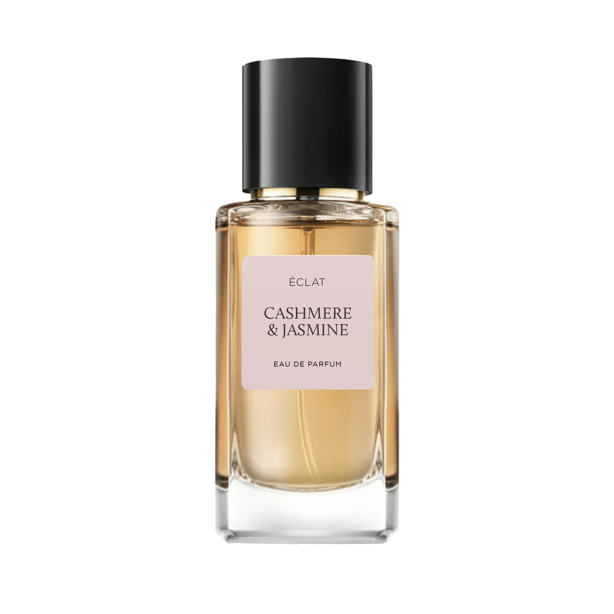 ÉCLAT Cashmere & Jasmine in a faceted glass bottle with a matte black cap and a soft pink label.