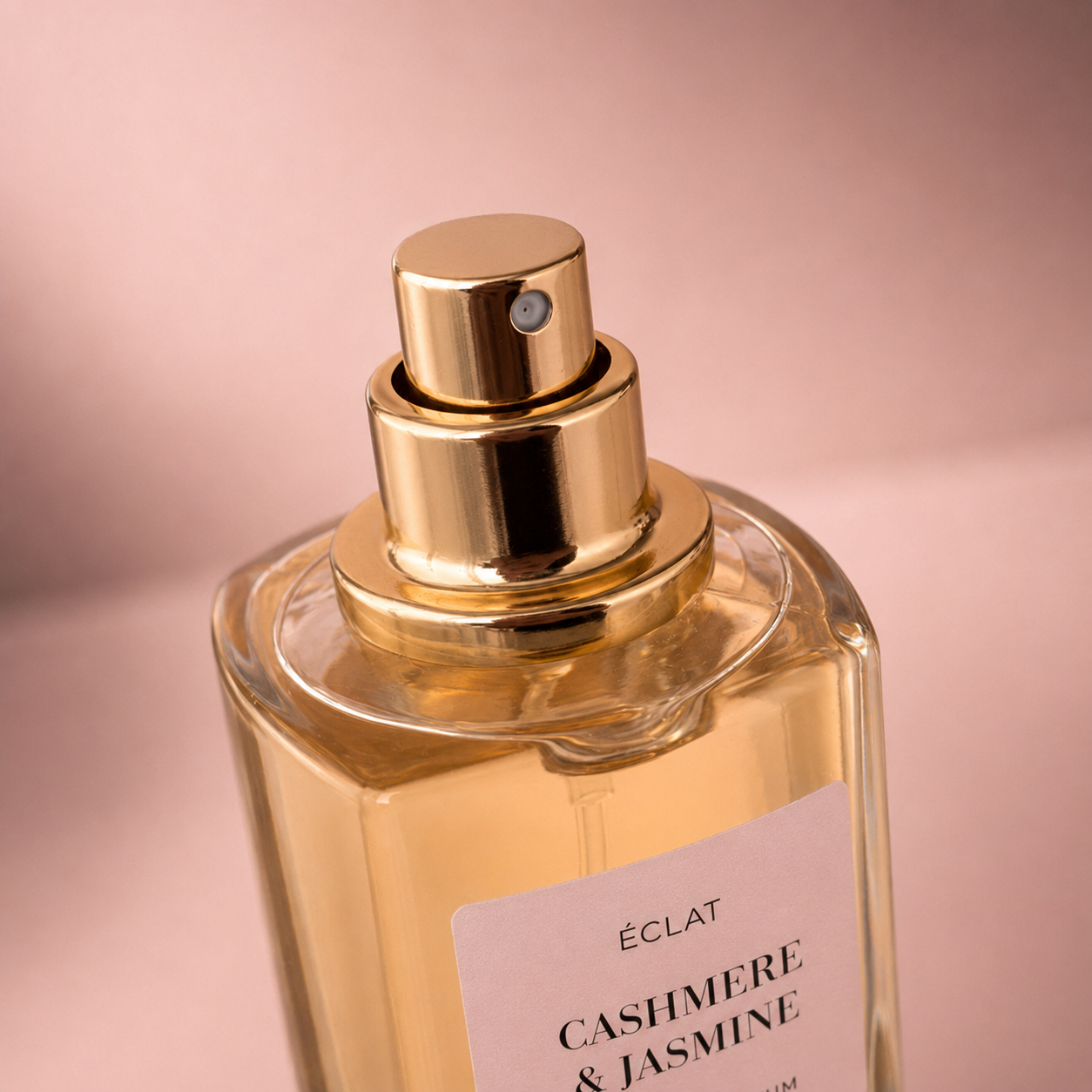 ÉCLAT Cashmere & Jasmine perfume bottle with a faceted glass design and a gold-colored spray nozzle, against a soft pink background.