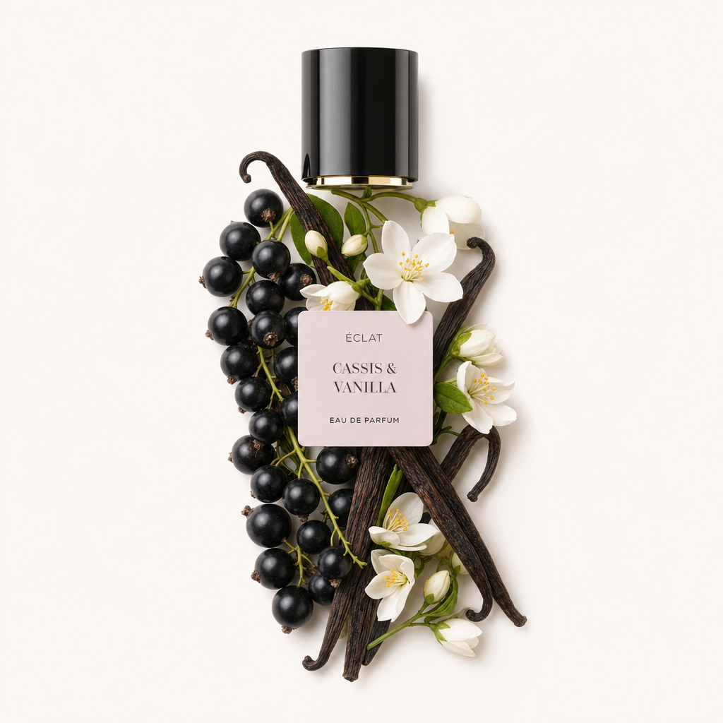 Un arrangement de baies de cassis, gousses de vanille et fleurs blanches entoure un bouchon noir avec une étiquette pour ÉCLAT Cassis & Vanilla.