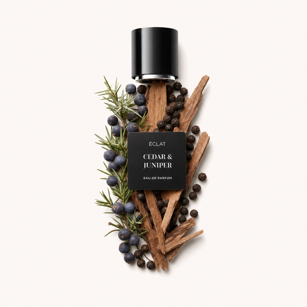 Un arrangement de baies de genévrier, morceaux de bois de cèdre et grains de poivre entoure un bouchon noir avec une étiquette ÉCLAT Cedar & Juniper.