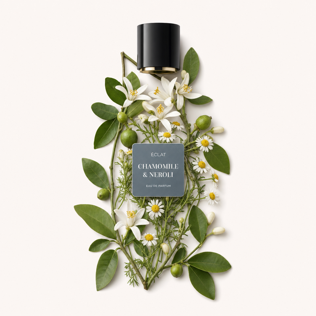 An arrangement of chamomile flowers and neroli branches, elegantly surrounding a black cap with ÉCLAT Chamomile & Neroli label.