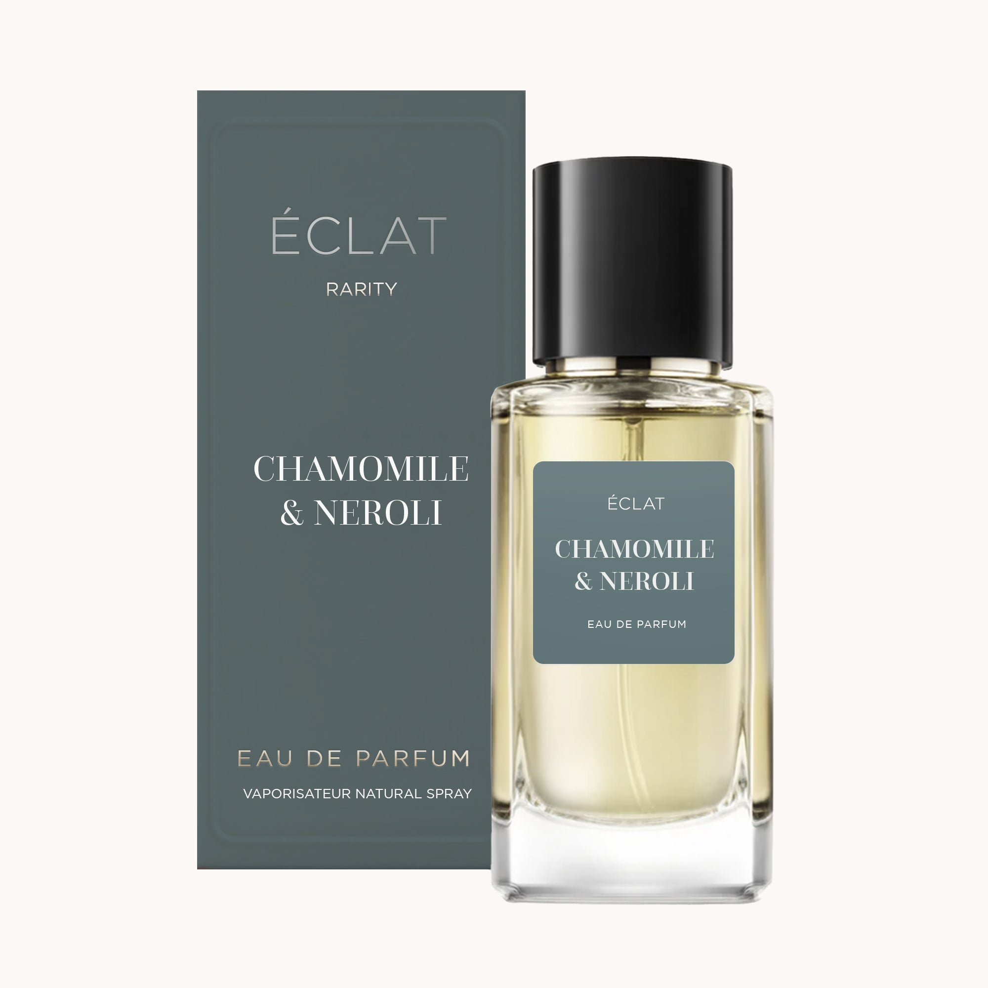 The ÉCLAT Chamomile & Neroli perfume features a clear glass bottle with a black cap, accompanied by a matching elegant box.