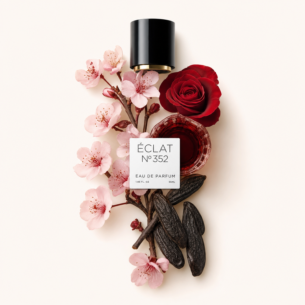 An arrangement of cherry blossoms, a red rose, and tonka beans surrounds a black cap with an ÉCLAT label.