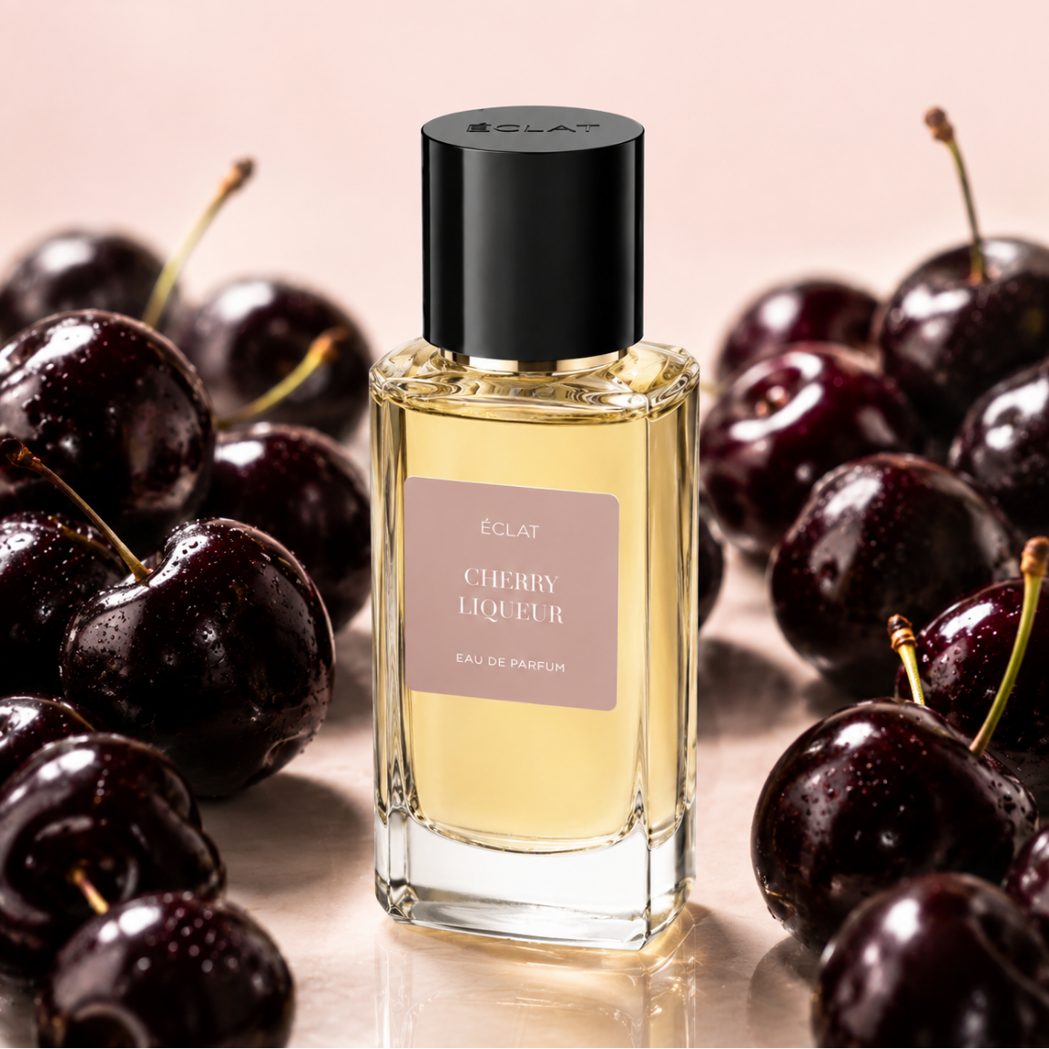 A faceted glass bottle of ÉCLAT Cherry Liqueur with a black cap, surrounded by glossy dark cherries.