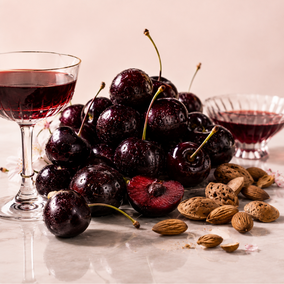 A lavish arrangement of glistening cherries, almonds, and rich red liqueur in a glass, capturing the essence of ÉCLAT Cherry Liqueur.