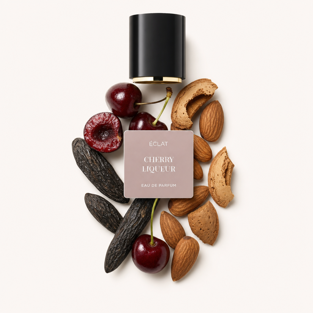 A carefully arranged still life of cherries, vanilla beans, almonds, and shells encircles a black cap with an ÉCLAT Cherry Liqueur label.