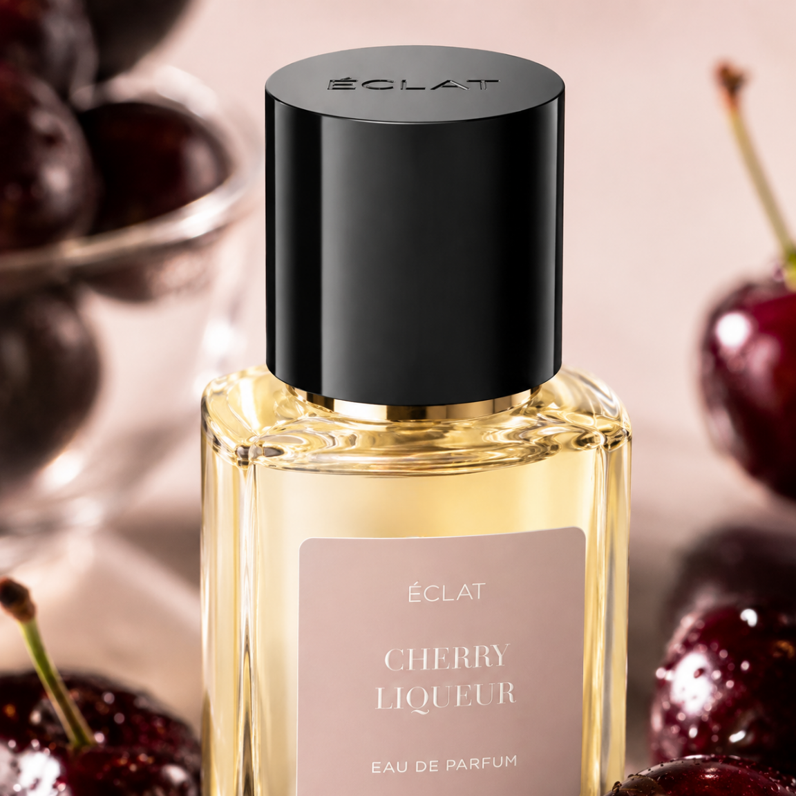 ÉCLAT Cherry Liqueur perfume bottle with a black cap, surrounded by fresh cherries.