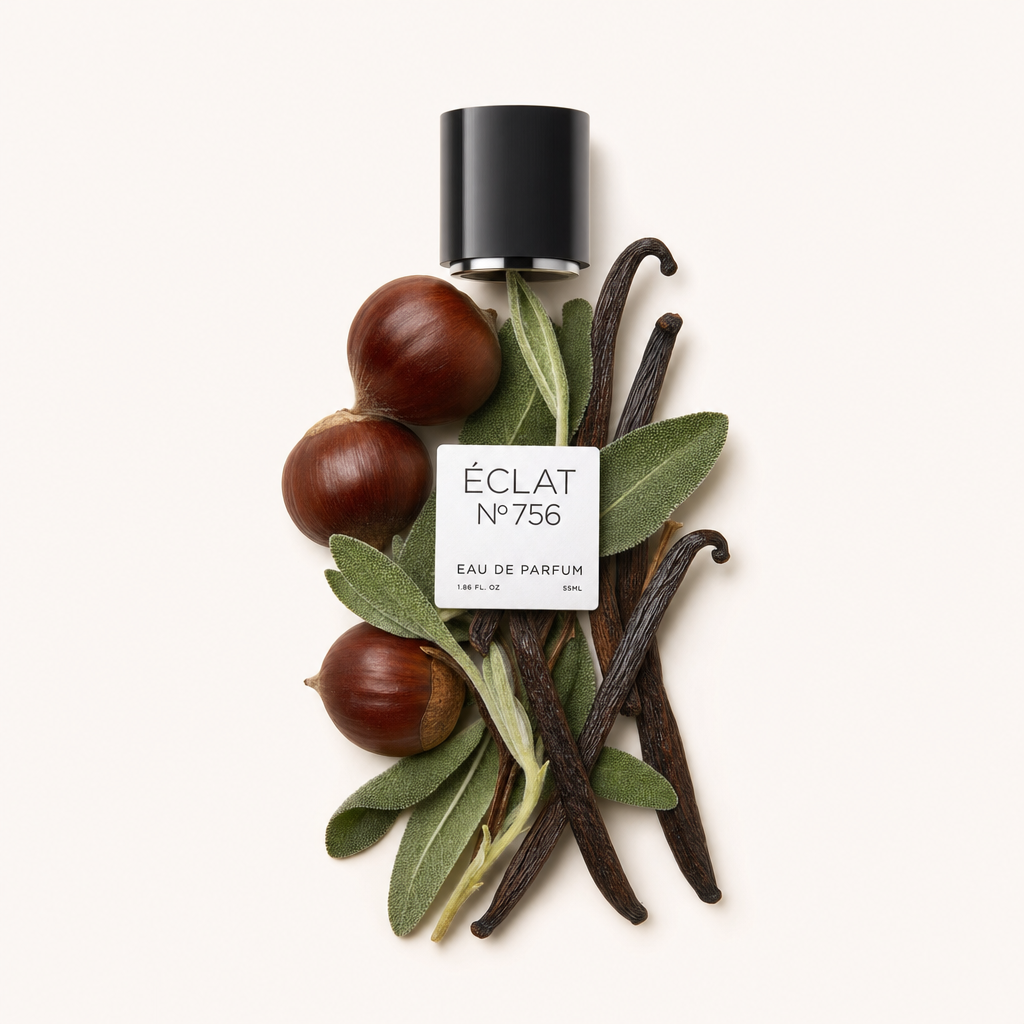 Un arrangement de châtaignes, gousses de vanille et feuilles de sauge avec un bouchon noir étiqueté ÉCLAT, mettant en valeur l'essence de ÉCLAT Chestnut & Vanilla.
