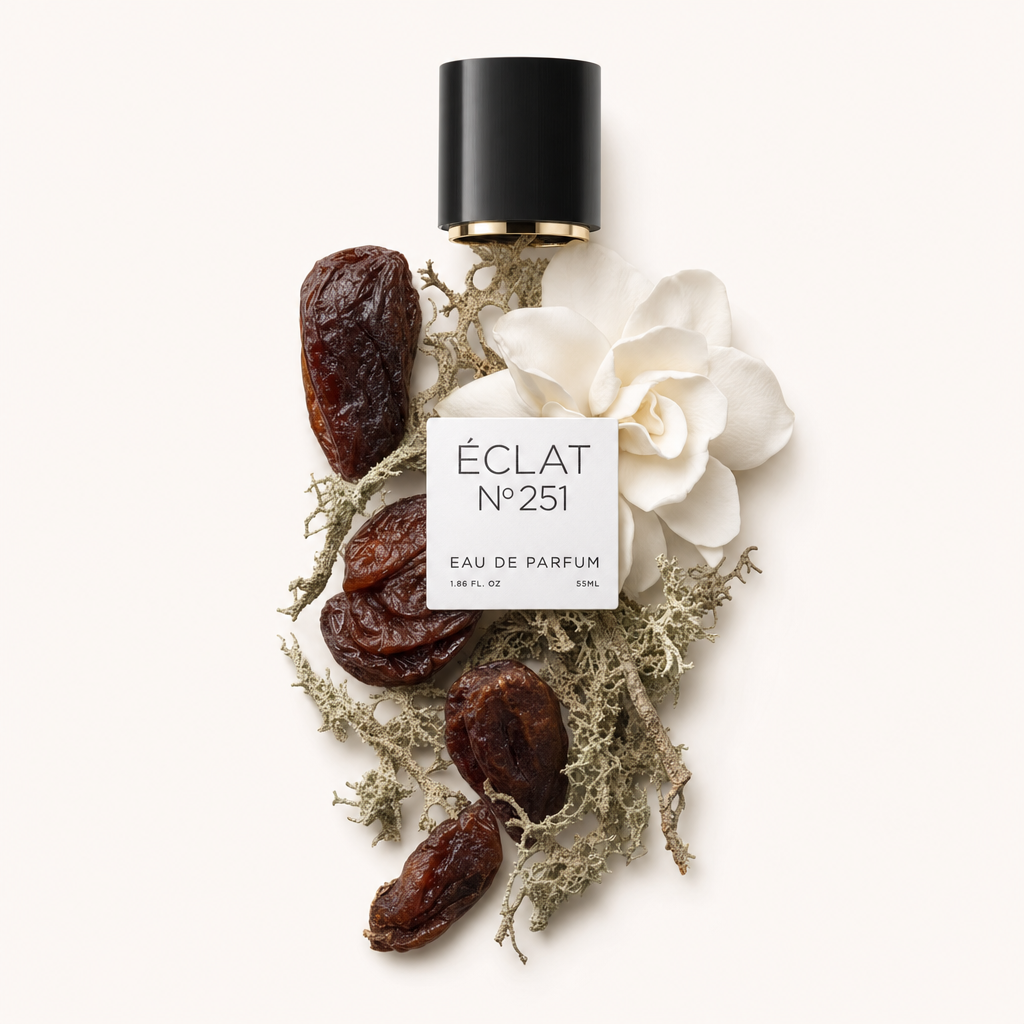 Un élégant arrangement de fruits secs et de mousse, accompagné d'une fleur blanche, entoure un capuchon noir avec une étiquette ÉCLAT Chypre Dried Fruits.