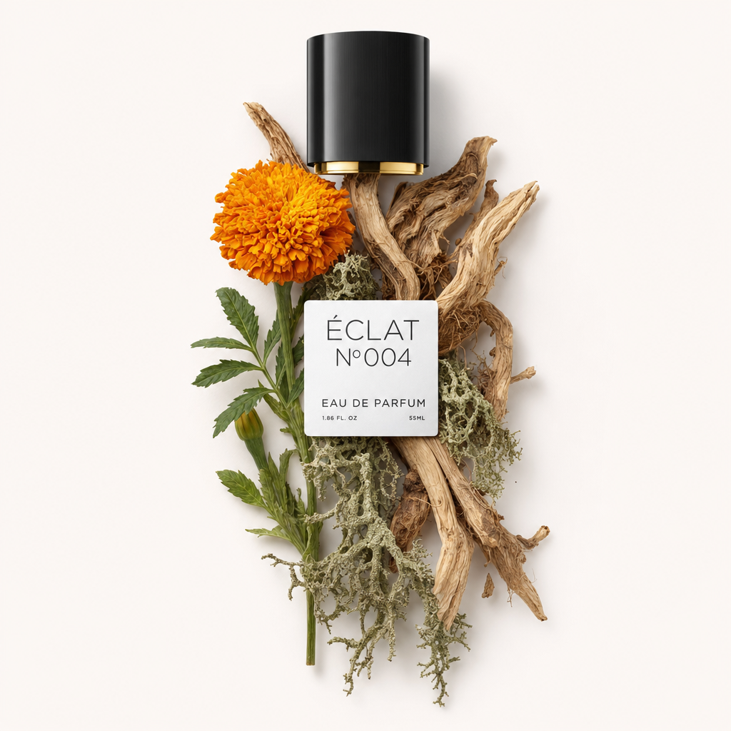Un arrangement artistique de fleur de souci orange, de feuilles vertes, de bois torsadé et de mousse entoure un capuchon noir avec une étiquette affichant ÉCLAT Chypre Marigold.