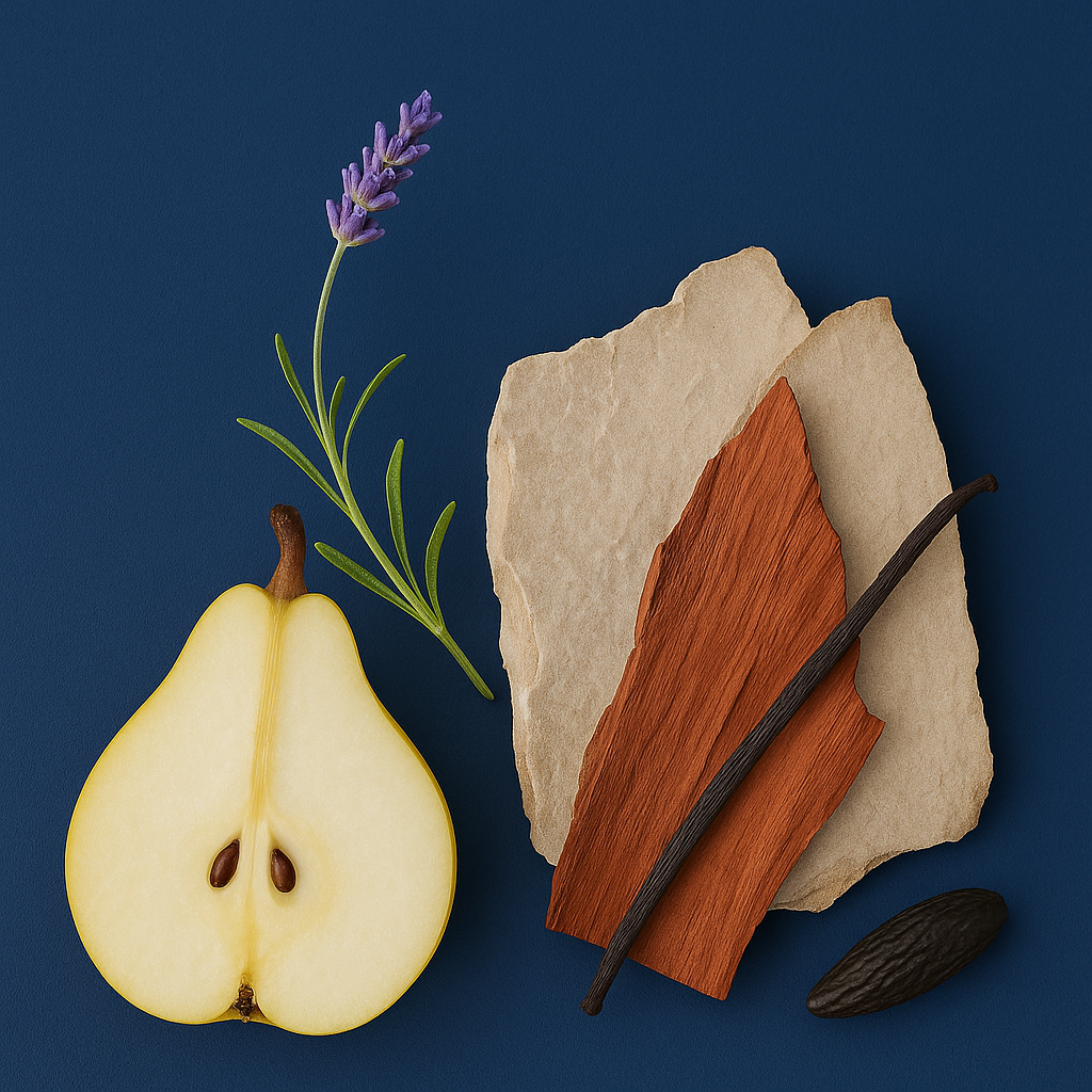 Uma composição de metade de uma pêra, raminho de lavanda, pedaços de arenito e pau de canela, evocando a fragrância ÉCLAT Cinnamon & Pear.