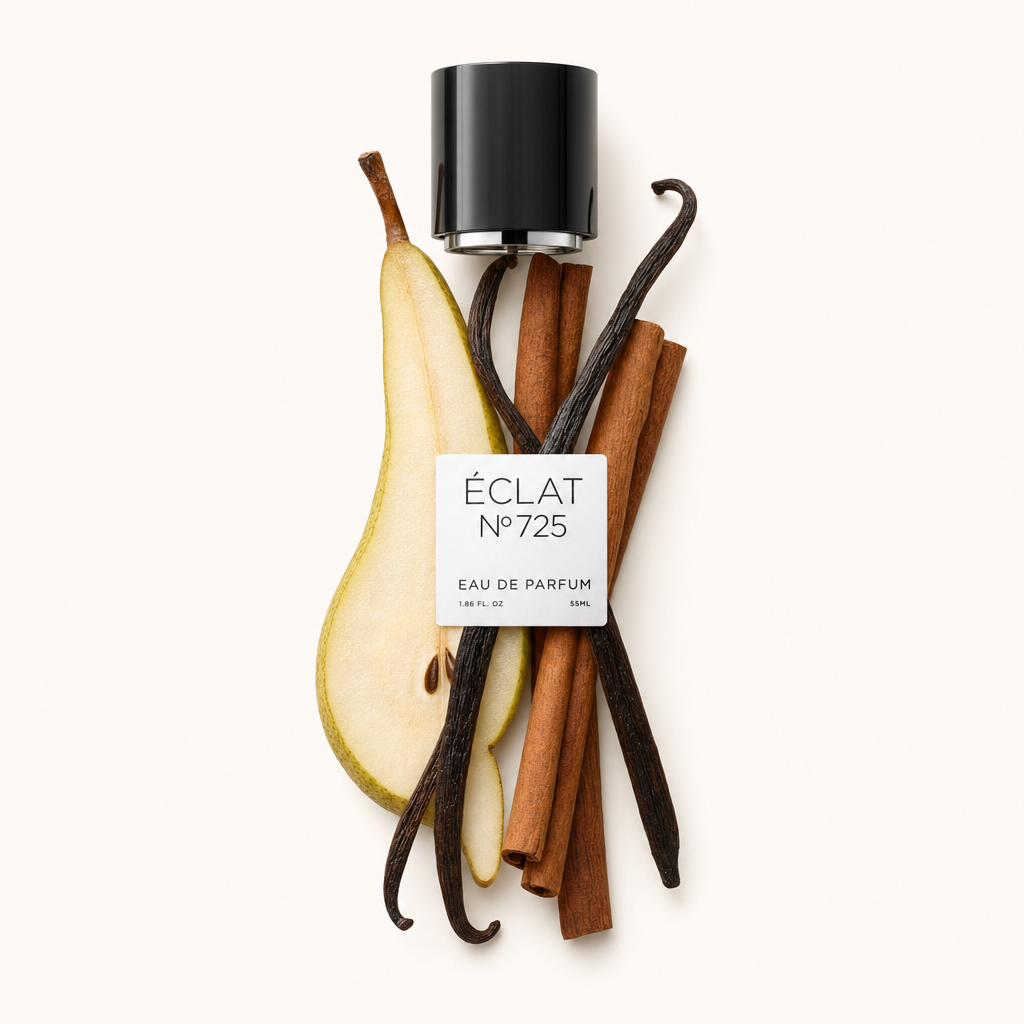 Um arranjo de fatias de pêra, paus de canela e vagens de baunilha envolve uma tampa preta com etiqueta para ÉCLAT Cinnamon & Pear.