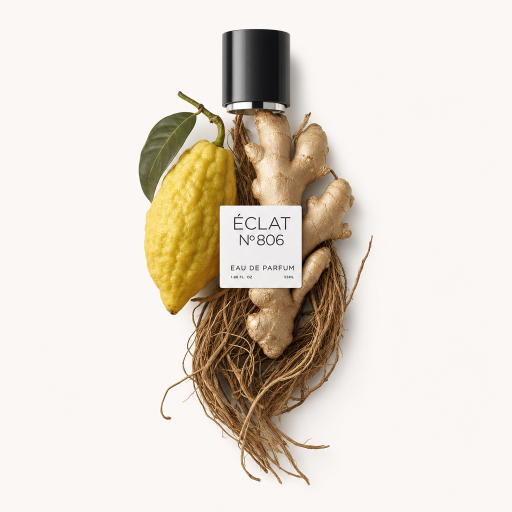 Une nature morte soigneusement arrangée de vrai citron et gingembre, accompagnée du capuchon noir original ÉCLAT avec étiquette.