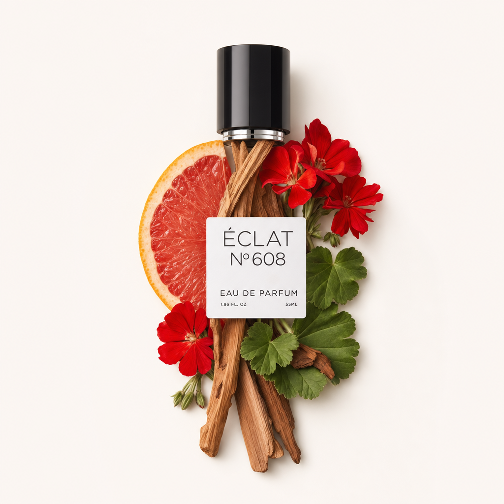 Arrangement de tranche de pamplemousse, bâtons aromatiques et fleurs rouges autour du capuchon ÉCLAT avec étiquette.