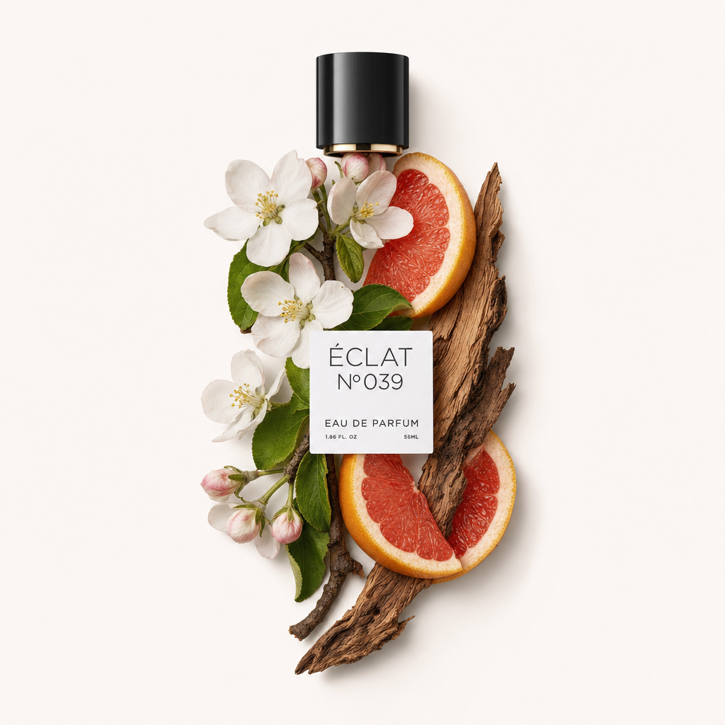 Un arrangement de fleurs de pommier, tranches de pamplemousse et écorce, avec un capuchon noir ÉCLAT avec étiquette.