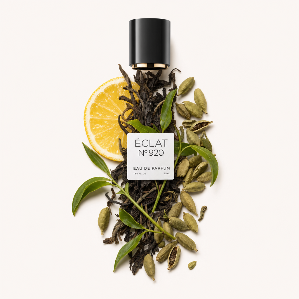 Un arrangement de tranches d'agrumes, gousses de cardamome et feuilles vertes avec un capuchon noir ÉCLAT avec étiquette.