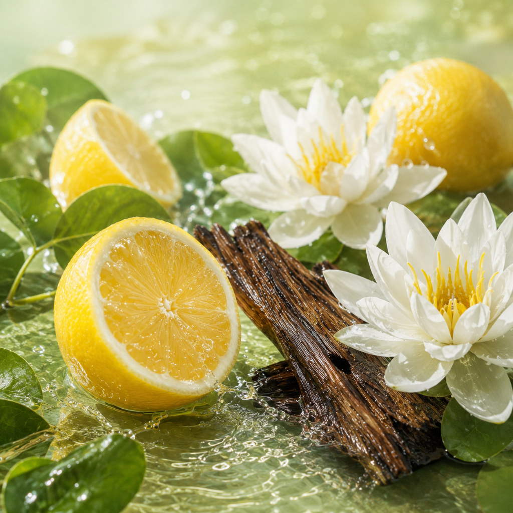 Slices of fresh lemon and white lotus flowers alongside a piece of cedar on a water surface.
