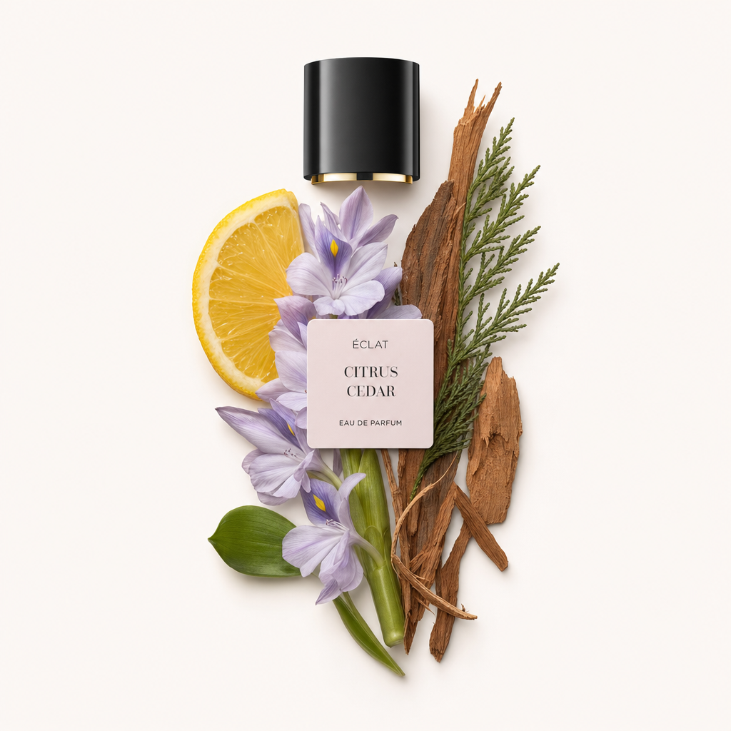 Un arrangement artistique de tranches d'agrumes, de fleurs violettes, de cèdre et de feuillage, avec un bouchon noir portant une étiquette ÉCLAT en haut.