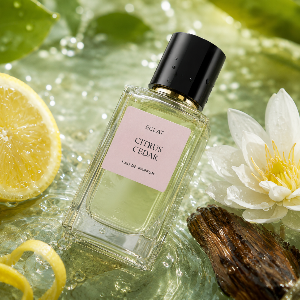 Faceted glass bottle of ÉCLAT Citrus Cedar with a black cap, surrounded by fresh lemon, white flower, and wood on rippling water.