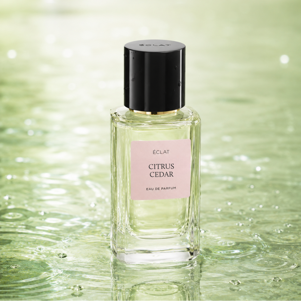 A faceted glass bottle of ÉCLAT Citrus Cedar with a sleek black cap, placed on a rippled green surface.