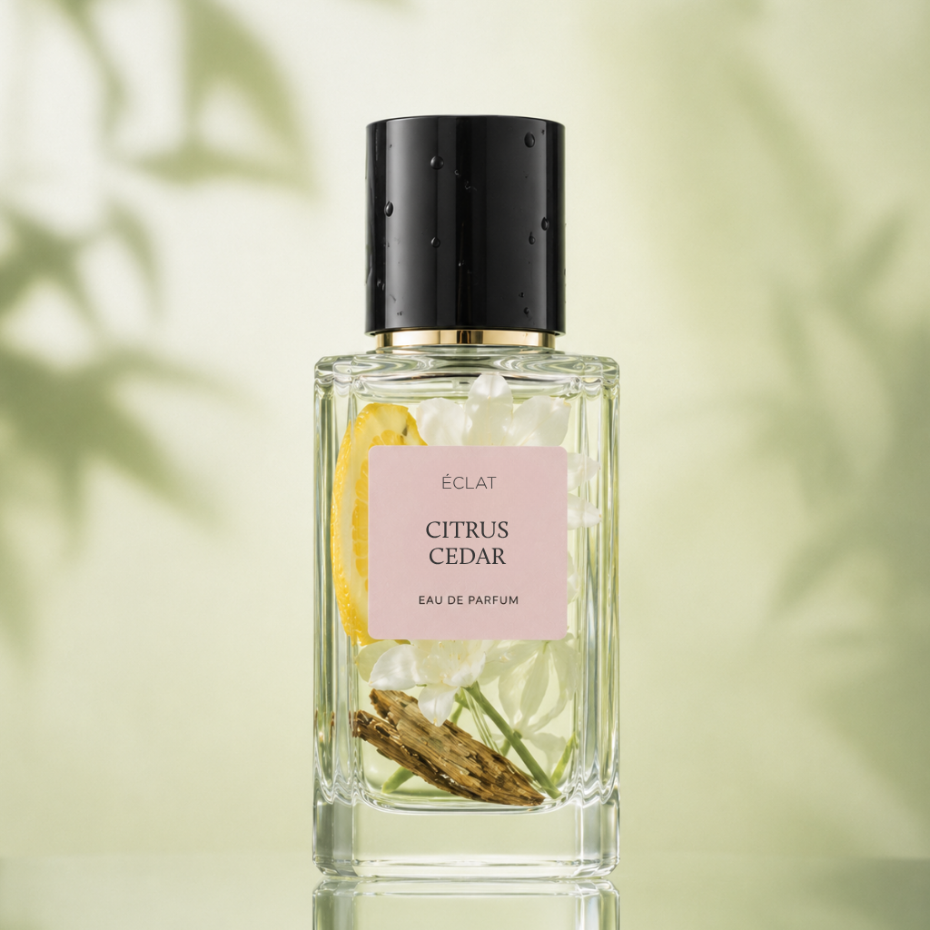 Faceted glass bottle of ÉCLAT Citrus Cedar with a sleek black cap, featuring a pale label, set against a soft green background.
