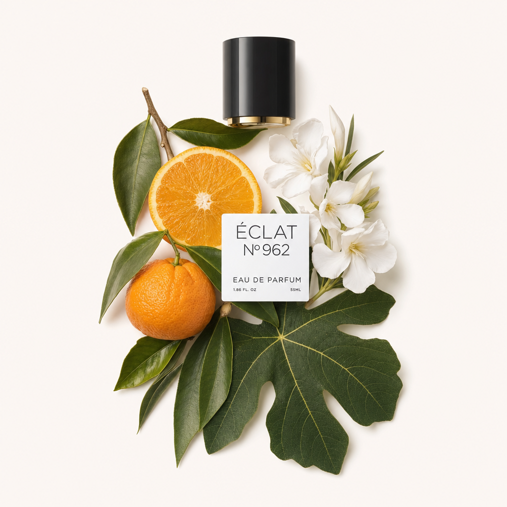 Une composition de tranches d'orange, mandarine, feuilles de figuier et fleurs blanches entoure le bouchon noir d'ÉCLAT Citrus Fig Leaf.