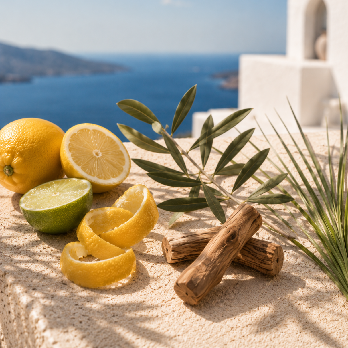 Λεμόνι, λάιμ και κομμάτια ελιάς με φύλλα σε πέτρινη επιφάνεια με θέα στη θάλασσα.
