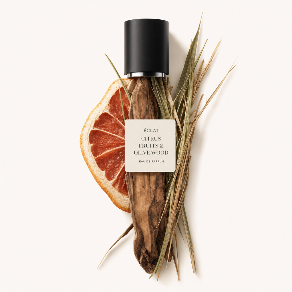 Un arrangement de tranche de pamplemousse séché, de bois d'olivier et d'herbes entoure le capuchon noir avec étiquette d'ÉCLAT Citrus Fruits & Olive Wood.