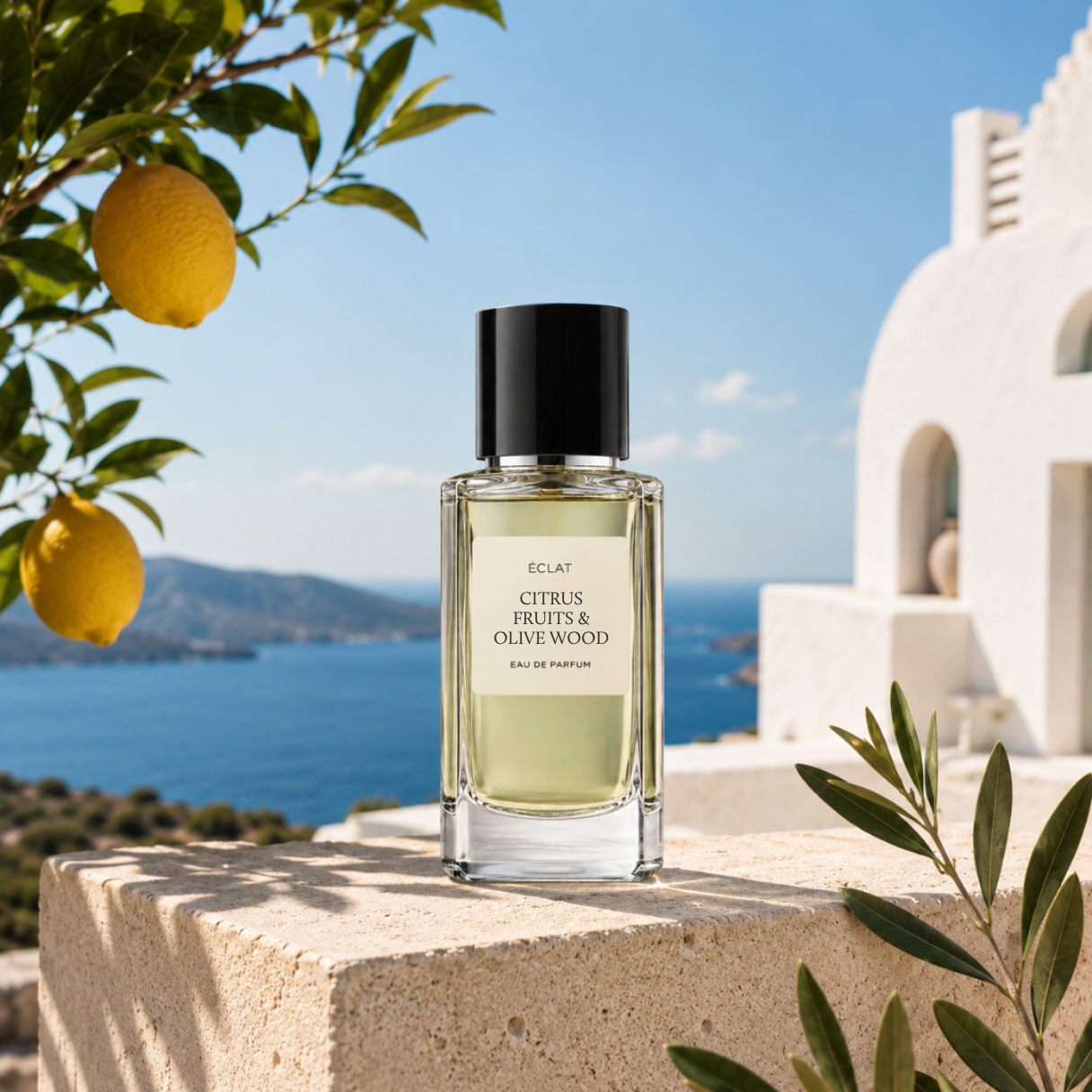 Ένα πολύπλευρο γυάλινο μπουκάλι ÉCLAT Citrus Fruits & Olive Wood με μαύρο καπάκι, σε παραθαλάσσιο φόντο με λεμονιές.