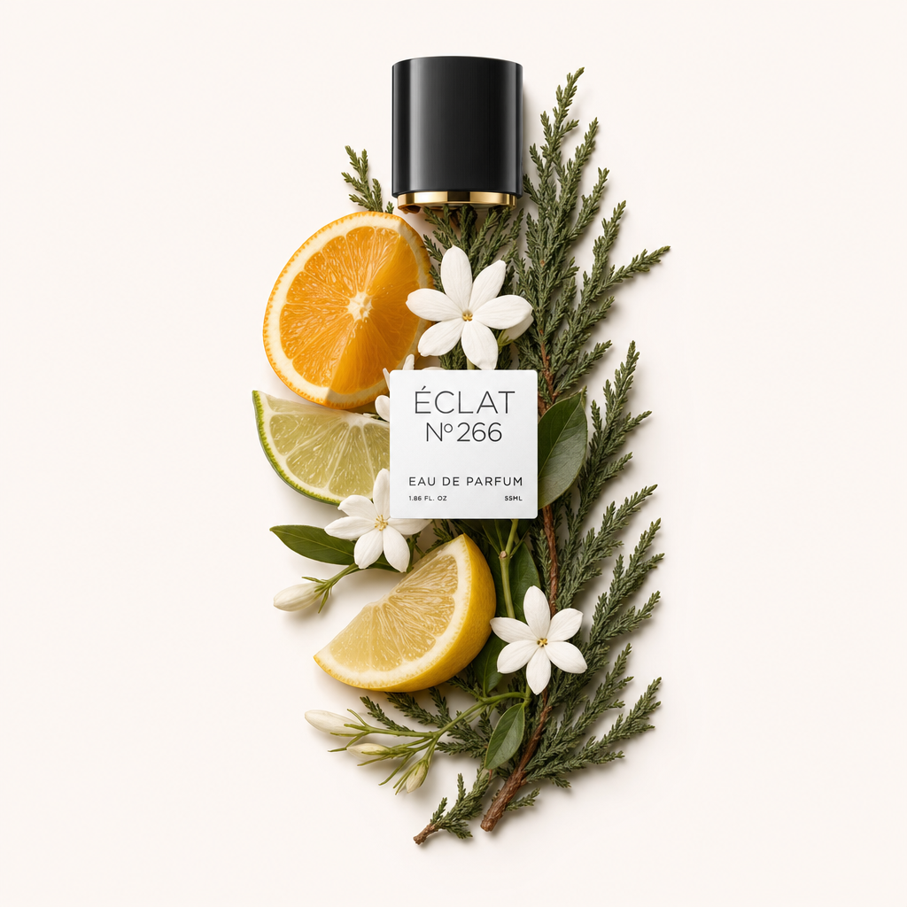 Un arrangement de fruits d'agrumes et de branches de pin, accompagné de fleurs blanches, entoure un bouchon noir avec une étiquette pour ÉCLAT Citrus Fruits & Pine.