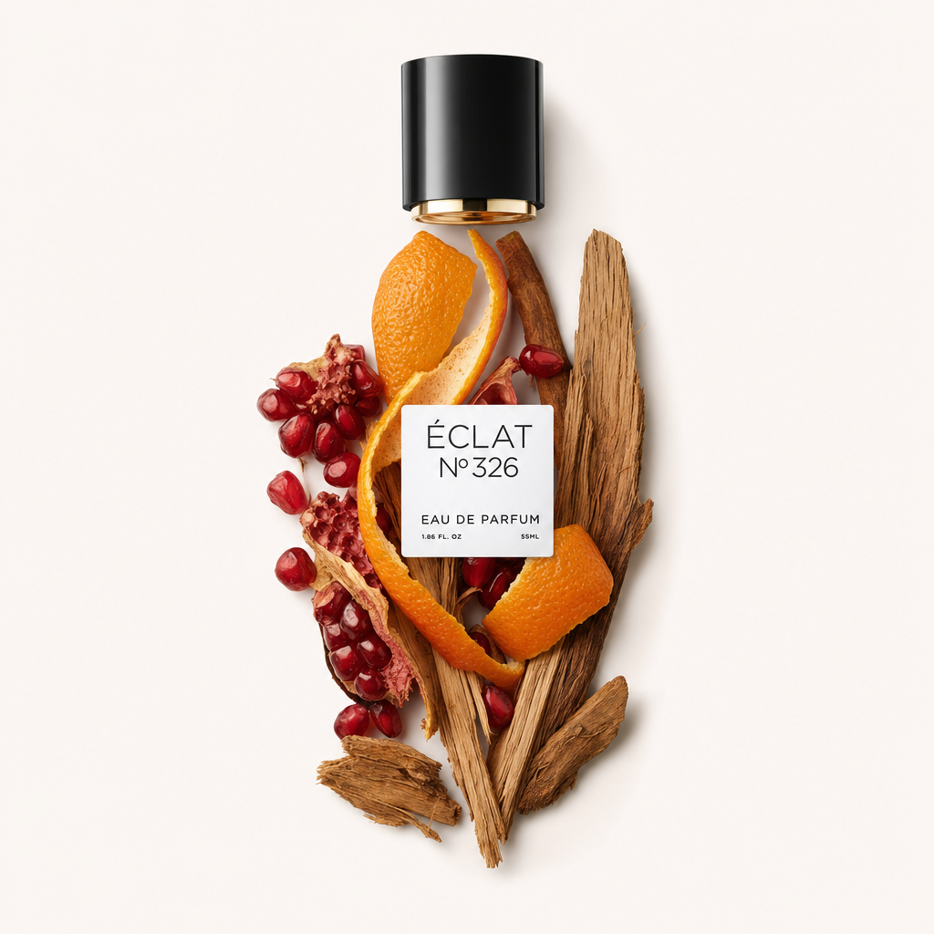 Un arrangement d'écorces d'orange, de graines de grenade et de bâtons de bois entoure un bouchon noir avec une étiquette pour ÉCLAT Citrus Grenadine.
