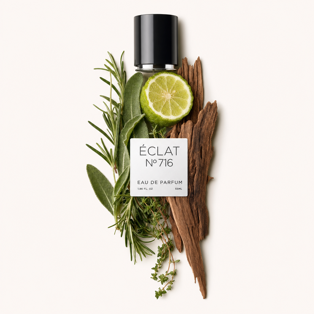Un arrangement de romarin frais, sauge, citron vert, thym et notes boisées entoure un capuchon noir avec une étiquette affichant ÉCLAT Citrus Herbs.