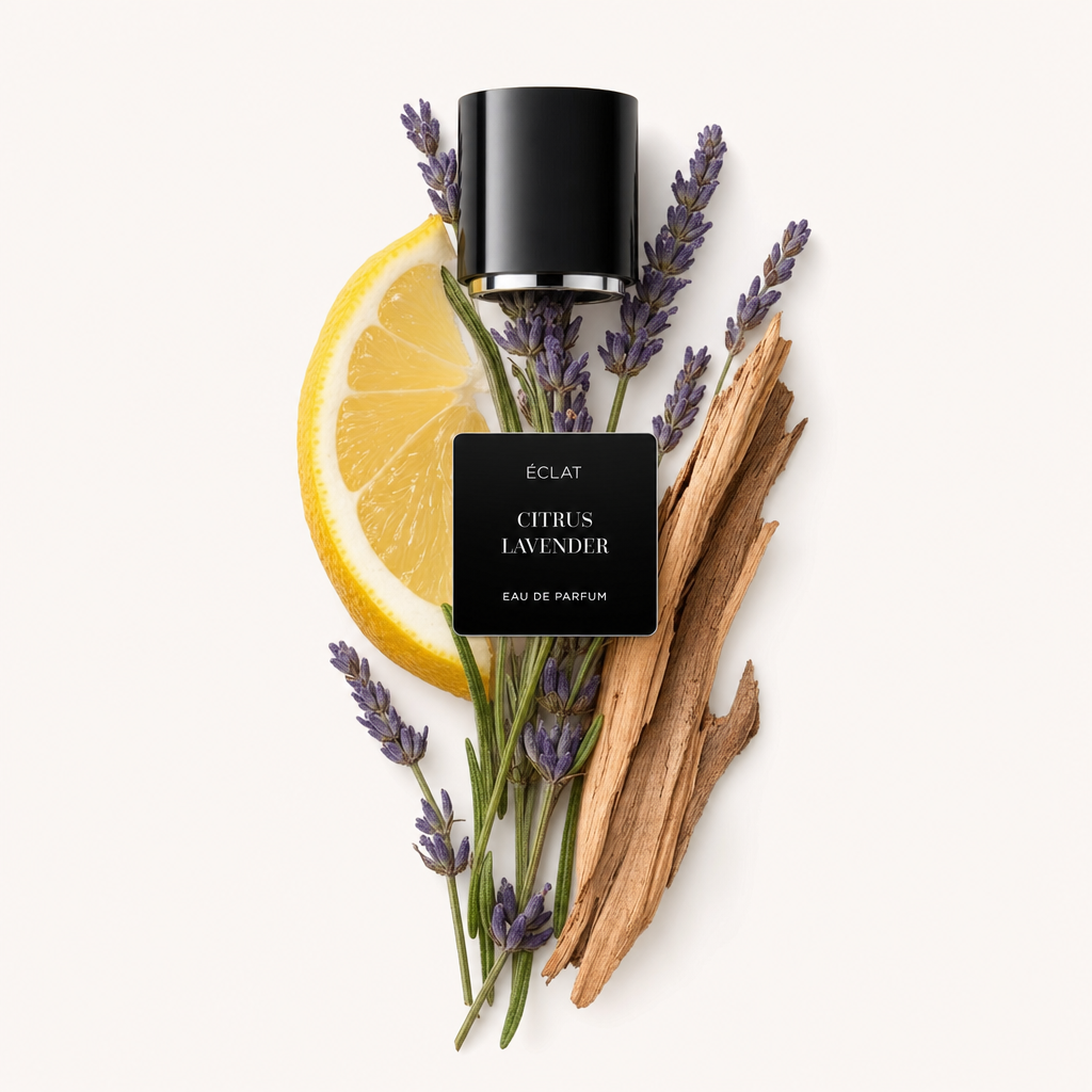 Un arrangement de tranches de citron, de brins de lavande et de morceaux de bois entoure un capuchon noir ÉCLAT avec une étiquette 'Citrus Lavender'.