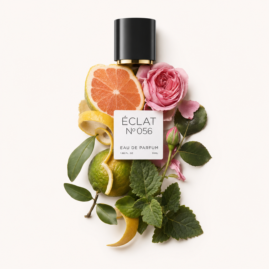 Una tapa negra con etiqueta reposa sobre un arreglo de elementos cítricos y rosas, con pomelo, rosa, cáscara de limón y hojas verdes para ÉCLAT Citrus Rose.