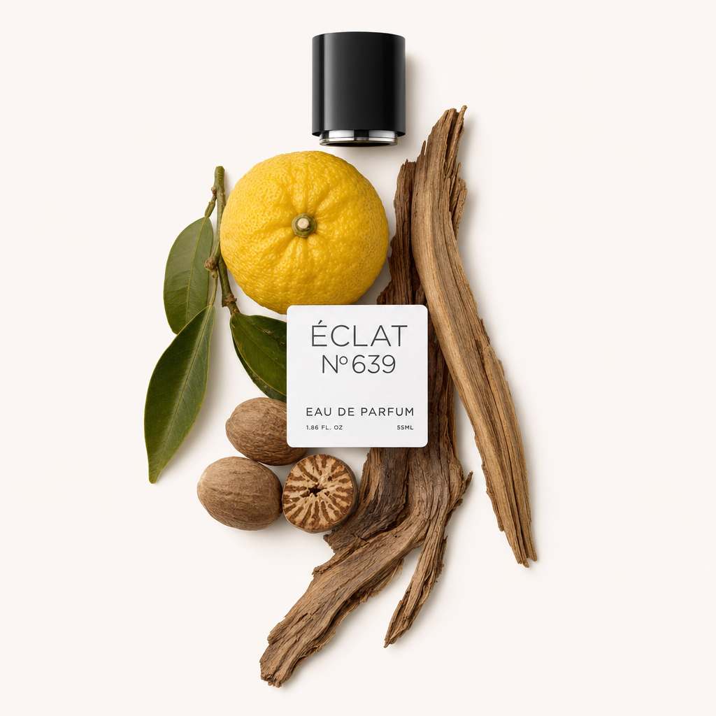 Un arrangement d'un citron entier, de feuilles vertes, de noix de muscade entière et coupée et de morceaux de bois de santal, avec un capuchon noir portant l'étiquette ÉCLAT Citrus Sandalwood.