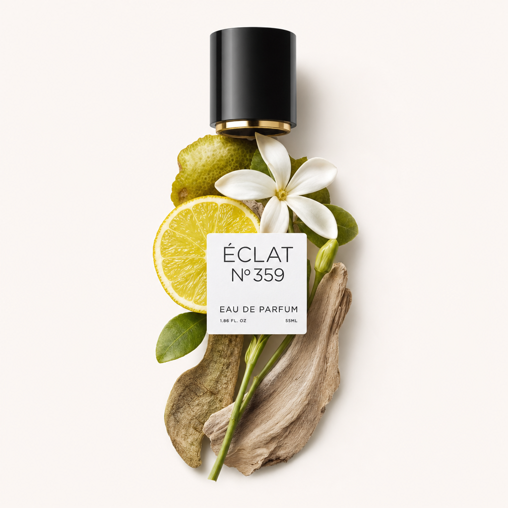 Un arreglo de rodajas de cítricos, flores de tiaré blancas y hojas verdes con un trozo de madera, rematado con una tapa negra con etiqueta ÉCLAT.