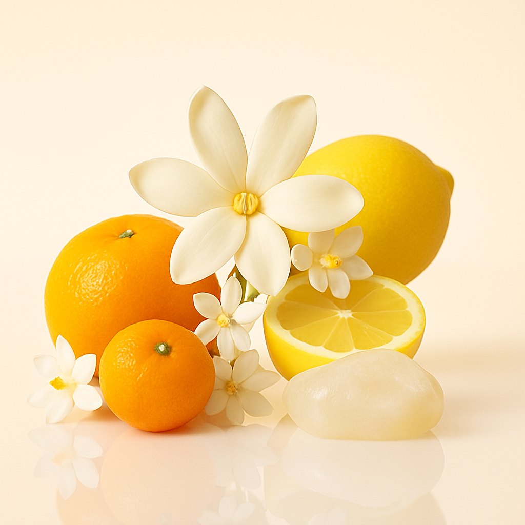 Un arreglo de limón, naranja y flores sobre una superficie reflectante, simbolizando la fragancia ÉCLAT Citrus Tiaré.