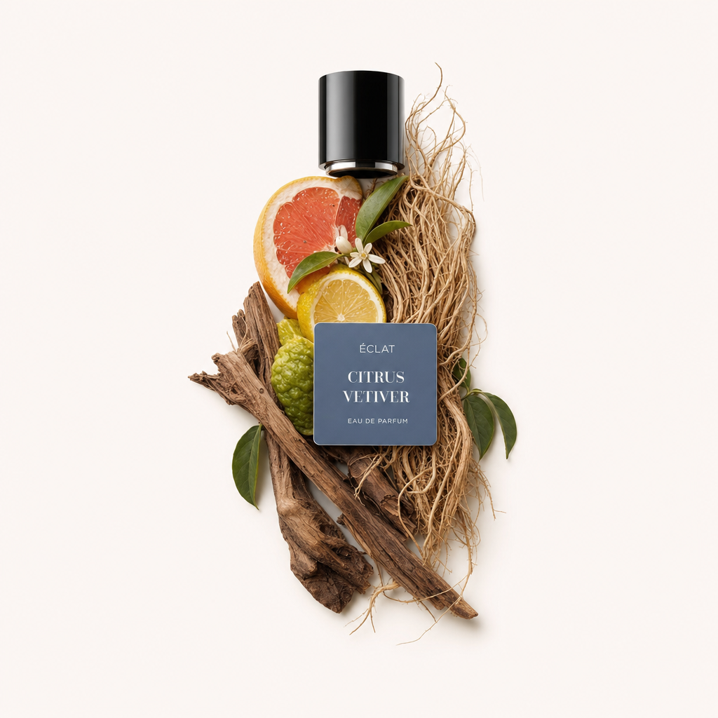 Une nature morte soigneusement arrangée avec pamplemousse, tranches d'orange, racines de vétiver et bergamote, à côté du bouchon ÉCLAT Citrus Vetiver avec étiquette.