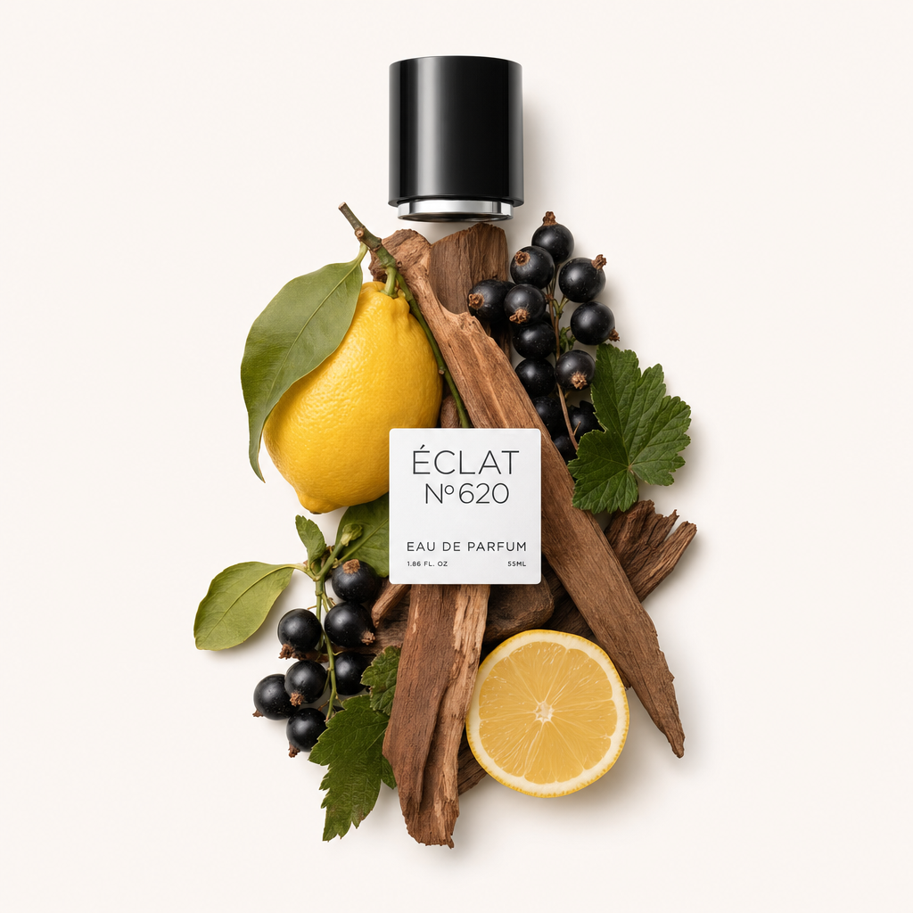 An arrangement of lemon, blackcurrants, and wooden sticks forms a backdrop for the ÉCLAT Citrus Woods cap with its label.