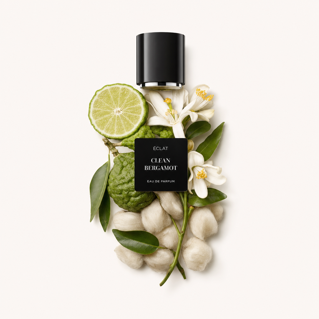 Une composition de tranches de bergamote fraîche, de feuilles vertes vives et de fleurs blanches délicates entoure un capuchon noir avec l'étiquette ÉCLAT Clean Bergamot.