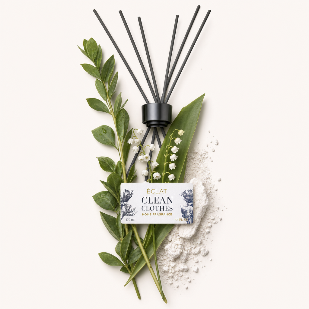 An arrangement of fresh green foliage, delicate lily of the valley blooms, and a mound of white powder surrounds the black cap with ÉCLAT Clean Clothes label.