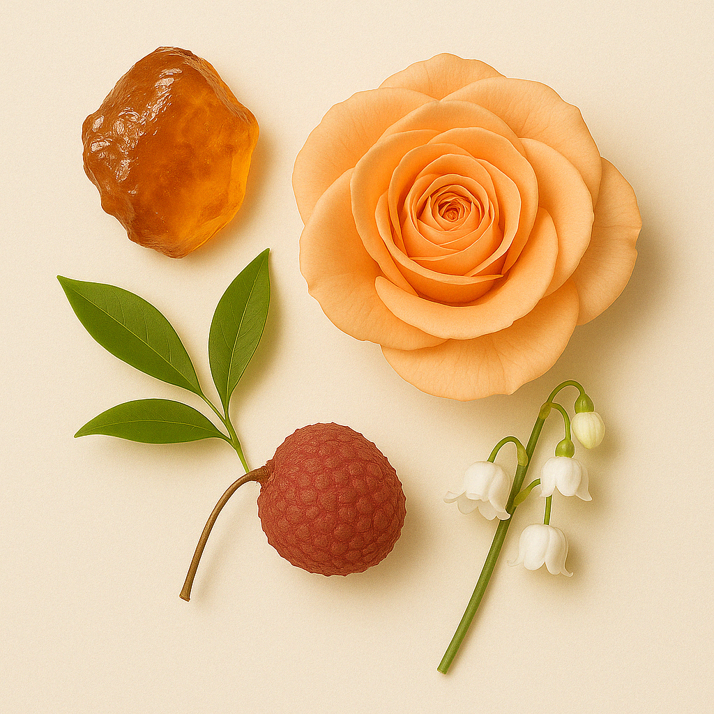 A composition featuring a peach rose, amber resin, lychee fruit, green leaves, and lily of the valley on a beige background.