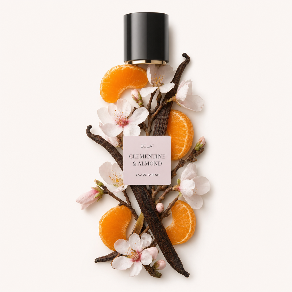 Un arrangement de tranches de clémentine, de fleurs d'amandier et de gousses de vanille entoure un bouchon noir avec une étiquette pour ÉCLAT Clementine & Almond.