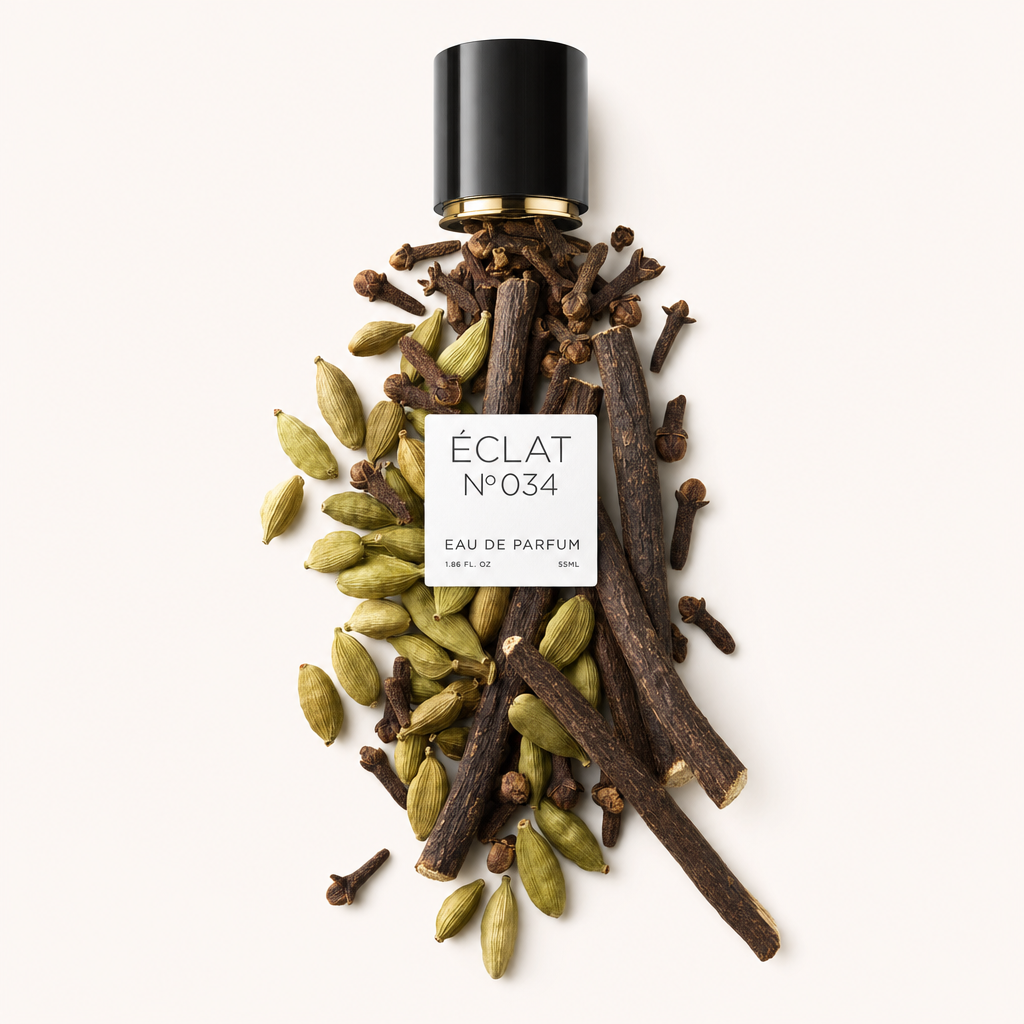 Un arrangement élégant de gousses de cardamome et de clous de girofle entoure un capuchon noir avec étiquette, mettant en valeur ÉCLAT Cloves & Cardamom.