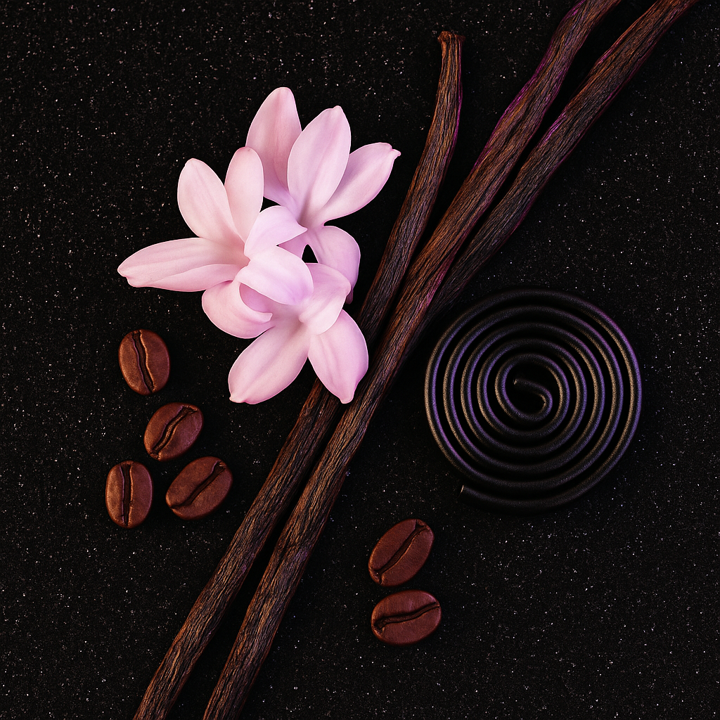 Roze bloemen, donkere vanillepeulen, koffiebonen en een zwarte spiraal op een zwart textuur oppervlak.