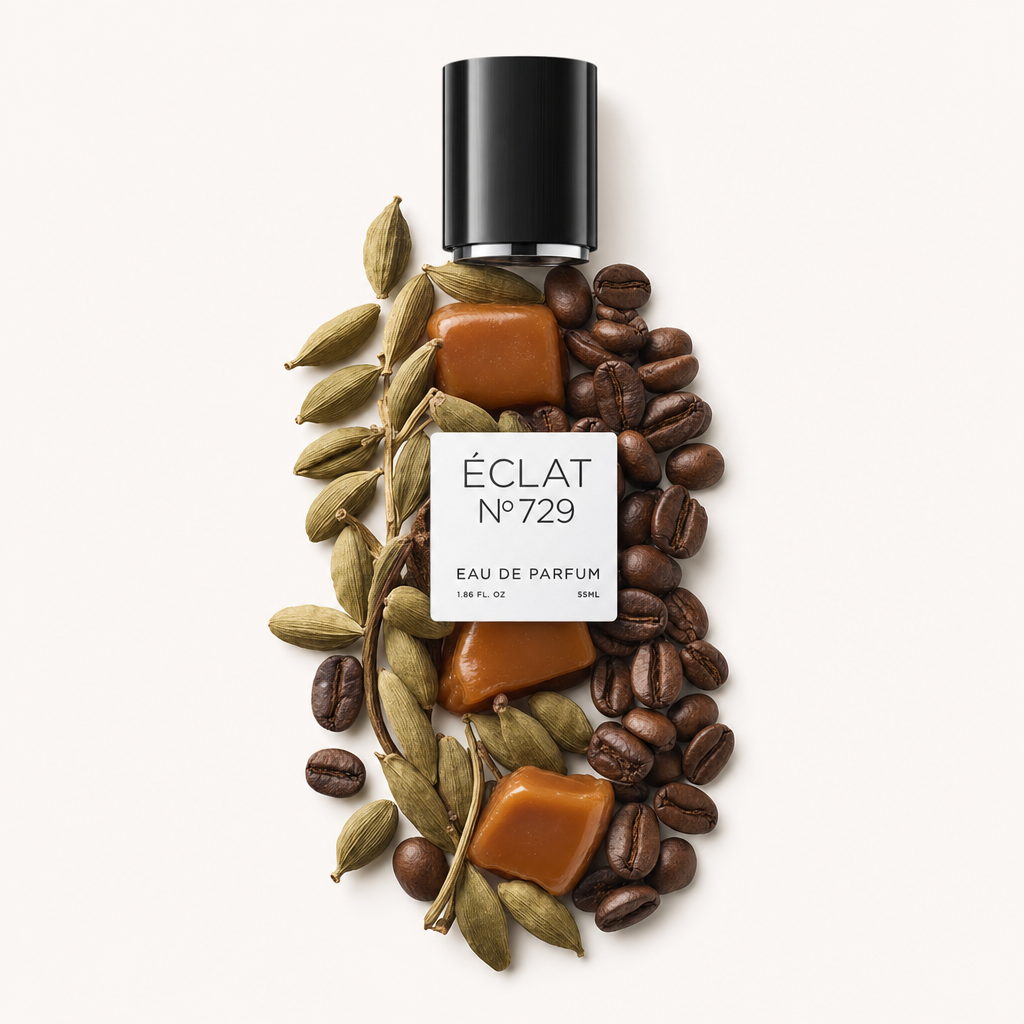 Une nature morte méticuleusement arrangée de gousses de cardamome, grains de café et carrés de caramel entoure un bouchon noir avec l'étiquette ÉCLAT VIP - Coffee & Cardamom.