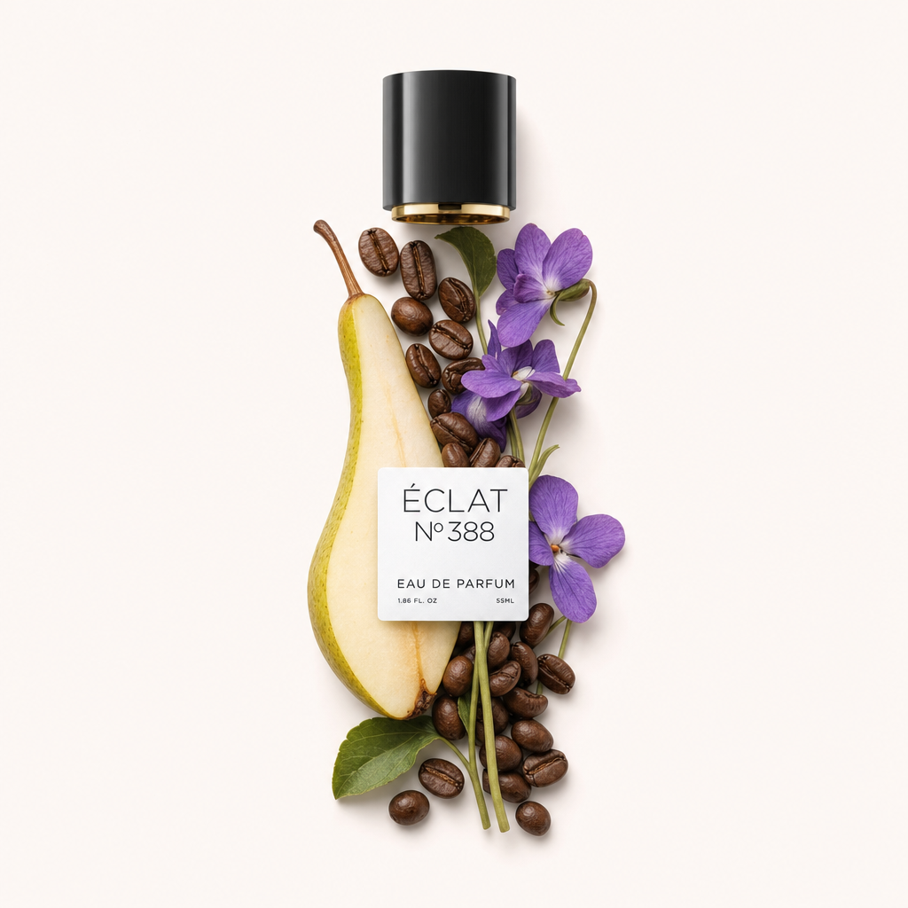 Un arrangement de poire tranchée, de grains de café et de fleurs violettes entoure le bouchon noir d'origine avec étiquette ÉCLAT.
