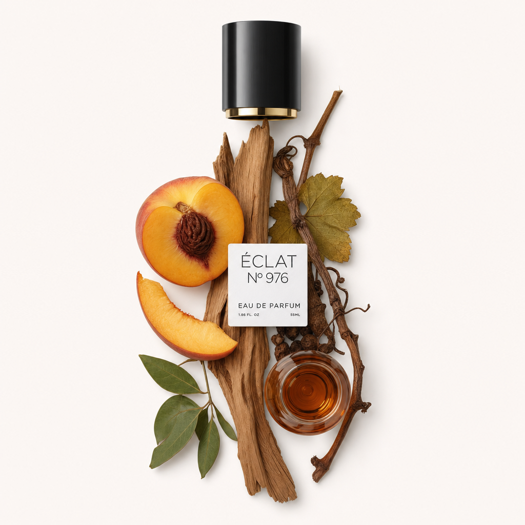 Um arranjo de ingredientes naturais incluindo um pêssego fresco, pêssego fatiado, paus de madeira e folhas de videira, em torno de uma tampa preta ÉCLAT com interior dourado.