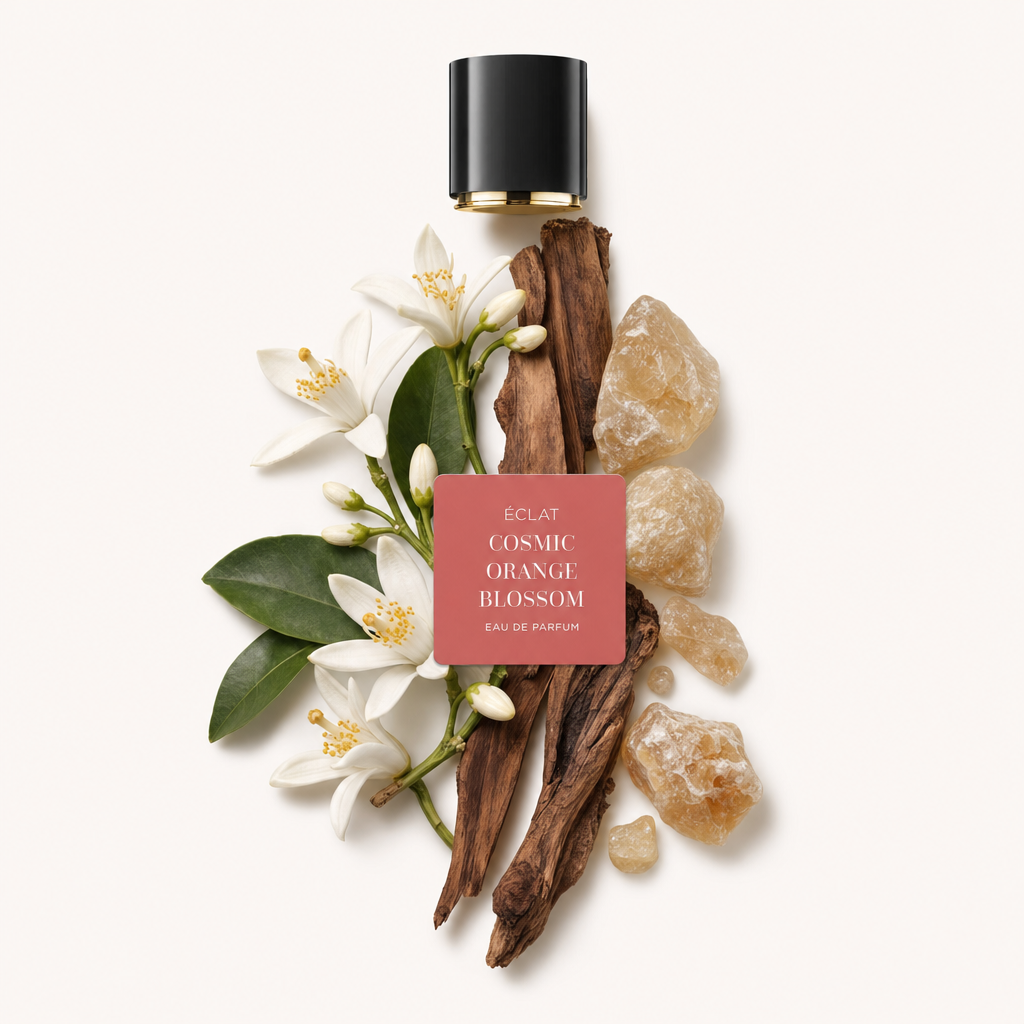 Une composition de fleurs d'oranger, morceaux de bois et éclats de résine entoure un capuchon noir avec étiquette pour ÉCLAT Cosmic Orange Blossom.