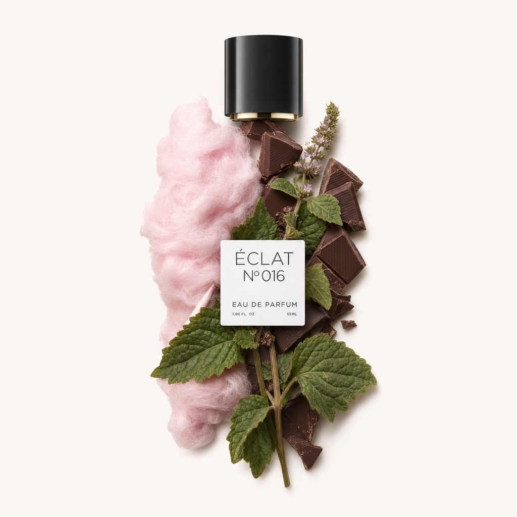 Un arrangement de barbe à papa rose, de morceaux de chocolat et de feuilles de patchouli vertes entoure un bouchon noir avec étiquette, représentant ÉCLAT Cotton Candy & Patchouli.